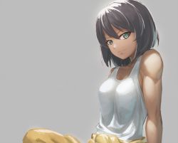Rule 34 | 10s, 1girl, arms at sides, bare shoulders, black hair, blue eyes, breasts, closed mouth, clothes around waist, girls und panzer, grey background, hair between eyes, hoshino (girls und panzer), jumpsuit, looking at viewer, medium breasts, orange jumpsuit, ranma (kamenrideroz), shade, shirt, short hair, simple background, sitting, sleeveless, smile, solo, tank top, toned, white shirt