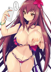 Rule 34 | 1girl, akishima kei, bad id, bad pixiv id, bikini, blush, bracelet, breasts, breasts out, brown eyes, cellphone, fate/grand order, fate (series), fingernails, flower, gluteal fold, hair flower, hair intakes, hair ornament, jewelry, large breasts, long hair, nail polish, navel, nipples, panties, phone, purple bikini, purple hair, purple panties, red eyes, red nails, scathach (fate), scathach (fate/grand order), scathach (swimsuit assassin) (fate), grabbing own breast, selfie, side-tie panties, simple background, skindentation, smartphone, solo, swimsuit, thigh gap, underwear, very long hair, white background