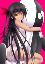 Rule 34 | 10s, 1girl, ass, black hair, dark-skinned female, dark skin, hugging doll, hair ribbon, highres, hug, long hair, looking at viewer, master nemesis, hugging object, one-piece swimsuit, red background, ribbon, shouyan, slit pupils, smile, solo, straddling, stuffed toy, stuffed whale, swimsuit, to love-ru, to love-ru darkness, two side up, very long hair, white one-piece swimsuit, yellow eyes