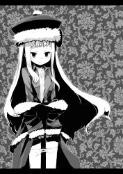 Rule 34 | absurdres, atlus, clothes lift, clothes pull, etrian odyssey, fur hat, greyscale, gunner (sekaiju), hat, highres, letterboxed, long hair, monochrome, pantyhose, pantyhose pull, skirt, skirt lift, smile, solo, ume (datsuryokugen)