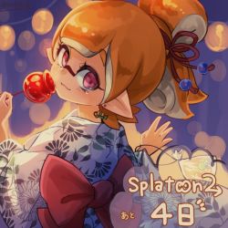 Rule 34 | 1girl, alternate hairstyle, bad id, bad twitter id, blunt bangs, candy apple, closed mouth, conomi-c5, copyright name, earrings, food, from behind, hair ornament, hair up, holding, holding food, inkling, inkling girl, inkling player character, japanese clothes, jewelry, kimono, light smile, looking at viewer, looking back, nintendo, pointy ears, print kimono, short hair, solo, splatoon (series), splatoon 2, splattershot (splatoon), standing, tentacle hair, twitter username, white kimono
