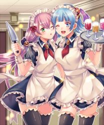 Rule 34 | 2girls, ;d, blue eyes, blue hair, breasts, cleavage, green eyes, knife, long hair, maid, maid headdress, medium breasts, multiple girls, official art, one eye closed, open mouth, purple hair, senjou no electro girl, shina shina, short hair, small breasts, smile, thighhighs, tray, wrist cuffs