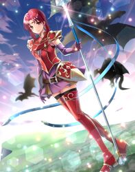 Rule 34 | 1girl, armor, belt, black thighhighs, blurry, boots, breastplate, circlet, commission, depth of field, dragon, dress, dutch angle, earrings, elbow gloves, fire emblem, fire emblem: the binding blade, gloves, highres, holding, holding polearm, holding weapon, jewelry, kakiko210, light particles, looking at viewer, medium hair, melady (fire emblem), nintendo, polearm, purple gloves, red eyes, red footwear, red hair, red thighhighs, short dress, skeb commission, sleeveless, sleeveless dress, smile, solo, thigh boots, thighhighs, weapon, zettai ryouiki
