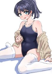 Rule 34 | 1girl, absurdres, black one-piece swimsuit, blue eyes, blue hair, blush, breasts, brown cardigan, cardigan, cardigan partially removed, collarbone, commentary, competition school swimsuit, covered navel, dark blue hair, ereka, foot out of frame, high ponytail, highres, link! like! love live!, love live!, medium breasts, medium hair, murano sayaka, one-piece swimsuit, open cardigan, open clothes, school swimsuit, shadow, simple background, sitting, solo, sweatdrop, swimsuit, thighhighs, virtual youtuber, wariza, white background, white thighhighs