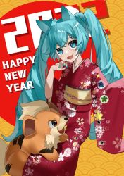 Rule 34 | 1girl, 2022, animal ears, aqua eyes, aqua hair, aqua nails, claws, creatures (company), fang, floral print, game freak, gen 1 pokemon, growlithe, hatsune miku, highres, japanese clothes, kimono, kimono dress, looking at viewer, nail polish, new year, nintendo, open mouth, pokemon, pokemon (creature), red kimono, reirou (chokoonnpu), smile, twintails, vocaloid