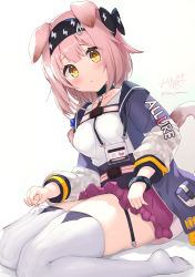 Rule 34 | 1girl, absurdres, animal ears, arknights, black hairband, blue bow, blue jacket, blush, bow, braid, breasts, brown eyes, cat ears, cat girl, cat tail, closed mouth, commentary request, goldenglow (arknights), gradient background, grey background, hair bow, hairband, highres, jacket, lightning bolt print, long hair, long sleeves, looking at viewer, medium breasts, no shoes, ochinsama, open clothes, open jacket, pink hair, print hairband, puffy long sleeves, puffy sleeves, purple skirt, shirt, signature, single braid, sitting, skirt, solo, tail, thick thighs, thighhighs, thighs, twitter username, wariza, white background, white shirt, white thighhighs, yellow eyes