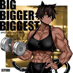 Rule 34 | 1girl, abs, absurdres, animal ears, barbell, bare shoulders, biceps, brown hair, cat ears, cat tail, closed mouth, dark-skinned female, dark skin, earrings, gym, hand on own hip, highres, jewelry, looking at viewer, mao (yotaro), muscular, muscular female, original, short hair, solo, sportswear, tail, veins, weights, yellow eyes, yotaro