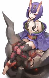 Rule 34 | 1girl, :d, absurdres, akizone, ankle ribbon, bare shoulders, barefoot, black choker, bob cut, breasts, choker, collarbone, commentary, eyelashes, fangs, fate/grand order, fate (series), gem, glowing, glowing eyes, hair ornament, highres, horns, japanese clothes, kimono, leg ribbon, long sleeves, obi, off shoulder, oni, open mouth, purple eyes, purple hair, revealing clothes, ribbon, sash, short hair, shuten douji (fate), simple background, sitting, skin-covered horns, small breasts, smile, solo, statue, thighhighs, white background, wide sleeves