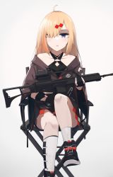 Rule 34 | 1girl, absurdres, bare shoulders, beta c-mag, black footwear, black gloves, black jacket, blonde hair, blue eyes, collarbone, double-drum magazine, drum magazine, feet out of frame, girls&#039; frontline, gloves, gun, h&amp;k mg36, hair between eyes, hair ornament, hair over one eye, hairclip, high-capacity magazine, highres, hinami047, holding, holding gun, holding weapon, jacket, leg up, long hair, looking at viewer, machine gun, magazine (weapon), mg36 (girls&#039; frontline), mole, mole under eye, partially fingerless gloves, shoes, sitting, sneakers, socks, solo, weapon, white background