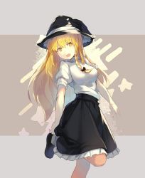 Rule 34 | 1girl, black bow, black footwear, black hat, black skirt, blonde hair, bow, braid, breasts, commentary request, falken (yutozin), feet out of frame, grey background, hair between eyes, hair bow, hat, highres, kirisame marisa, long hair, looking at viewer, medium breasts, one-hour drawing challenge, open mouth, petticoat, puffy short sleeves, puffy sleeves, shirt, shoes, short sleeves, single braid, skirt, smile, solo, standing, standing on one leg, star (symbol), touhou, two-tone background, very long hair, white legwear, white shirt, witch hat, yellow eyes