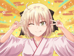 Rule 34 | 1girl, ahoge, black bow, blonde hair, blush, bow, breasts, closed mouth, double v, egasumi, emotional engine - full drive, fate/grand order, fate (series), floral background, hair between eyes, hair bow, hands up, haura akitoshi, japanese clothes, kimono, koha-ace, long sleeves, looking at viewer, medium breasts, okita souji (fate), okita souji (koha-ace), one eye closed, parody, pink kimono, short hair, smile, solo, sparkle, sunburst, sunburst background, tongue, tongue out, v, wide sleeves, yellow background, yellow eyes
