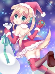 Rule 34 | 1girl, :o, animal ears, ass, bad id, bad pixiv id, blonde hair, blush, boots, bow, brown footwear, christmas, commentary request, dog ears, dog girl, dog tail, dress, elbow gloves, fang, frilled dress, frills, fur-trimmed dress, fur-trimmed gloves, fur collar, fur trim, gift, gloves, green bow, green eyes, hair between eyes, hair bow, hat, holding, holding gift, holding sack, knee boots, long hair, looking at viewer, looking back, original, red dress, red gloves, red thighhighs, sack, santa costume, santa hat, shikito (yawa0w0), solo, sparkle, strapless, strapless dress, tail, tareme, thighhighs, twintails, very long hair