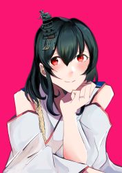 Rule 34 | 1girl, aiguillette, black hair, detached sleeves, hair ornament, hand on own chin, highres, jewelry, kantai collection, looking at viewer, pink background, red eyes, ring, rope, short hair, simple background, smile, solo, uminoso5, upper body, wedding band, wide sleeves, yamashiro (kancolle)