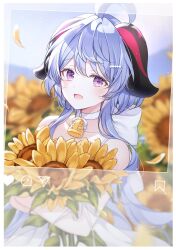 Rule 34 | 1girl, absurdres, ahoge, bare shoulders, bell, blue hair, blue sky, blurry, blurry background, blush, bow, choker, cloud, cloudy sky, commentary request, cowbell, crossed arms, day, depth of field, dress, falling petals, field, flower, flower field, framed, ganyu (genshin impact), genshin impact, hair ornament, hair over shoulder, hairclip, highres, holding, holding flower, horns, long hair, looking at viewer, mattang, open mouth, outdoors, petals, purple eyes, qilin (mythology), sidelocks, sky, smile, solo, standing, sunflower, sunflower field, upper body, white bow, white choker, white dress