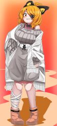Rule 34 | 1girl, bandaged leg, bandages, black bow, black survival, blonde hair, blush, boots, bow, breasts, coat, commentary request, cosplay, dress, eyepatch, fingernails, full body, grey dress, grey sweater, grin, hair between eyes, hair bow, hair bun, highres, kurodani yamame, large breasts, long sleeves, looking at viewer, medium hair, nervous smile, off-shoulder dress, off-shoulder sweater, off shoulder, orange background, pigeon-toed, pink nails, red eyes, rinyamame, sissela (black survival), sissela (black survival) (cosplay), smile, solo, standing, sweater, sweater dress, touhou, white coat
