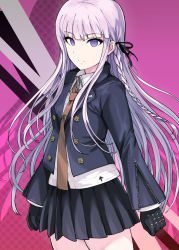 Rule 34 | 1girl, abstract background, black gloves, black jacket, black ribbon, black skirt, blazer, blunt bangs, braid, buttons, clenched hands, closed mouth, commentary request, cowboy shot, danganronpa: trigger happy havoc, danganronpa (series), expressionless, gloves, hair ribbon, highres, jacket, kirigiri kyoko, long hair, long sleeves, looking at viewer, miniskirt, necktie, open clothes, open jacket, pale skin, pink hair, pleated skirt, purple eyes, red necktie, ribbon, shirt, side braid, sidelocks, skirt, solo, straight hair, studded gloves, tsurui, very long hair, white shirt, wing collar, zipper