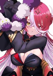 Rule 34 | 1girl, black dress, blush, breasts, cleavage, colored inner hair, dress, heterochromia, highres, hololive, houshou marine, itsuki keiichi, large breasts, long hair, looking at viewer, mahou shoujo holowitch!, multicolored hair, pink hair, puffy cheeks, red eyes, red hair, solo, streaked hair, virtual youtuber, white background, yellow eyes