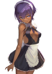 Rule 34 | 1girl, announ (kurotya), bare shoulders, black dress, blush, breasts, center opening, dark-skinned female, dark skin, dress, fate/prototype, fate/prototype: fragments of blue and silver, fate (series), frills, glasses, hassan of serenity (fate), highres, looking at viewer, maid headdress, medium breasts, purple eyes, purple hair, short hair, sidelocks, solo, thighs