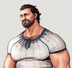 Rule 34 | 1boy, arcane: league of legends, areyoucracked, bad id, bad twitter id, bara, beard, closed mouth, facial hair, full beard, grey background, highres, large pectorals, league of legends, looking at viewer, male focus, mature male, muscular, muscular male, pectorals, shirt, short hair, simple background, solo, vander (arcane), white shirt
