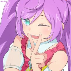 Rule 34 | 1girl, :d, blush, bow, clip studio paint (medium), detached sleeves, green eyes, hand up, idol time pripara, long hair, looking at viewer, manaka laala, one eye closed, open mouth, pretty series, pripara, puffy detached sleeves, puffy short sleeves, puffy sleeves, purple hair, red bow, see-through, see-through sleeves, short sleeves, simple background, smile, solo, staff (music), texus, twitter username, upper body, white background