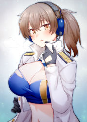 Rule 34 | 1girl, alternate costume, bandeau, black gloves, blue bandeau, breasts, breath, cleavage, cosplay, epaulettes, gloves, gotland (kancolle), gotland (kancolle) (cosplay), gradient background, headphones, headset, jacket, jacket on shoulders, kaga (kancolle), kantai collection, large breasts, looking at viewer, microphone, military, military uniform, race queen, rui shi (rayze ray), solo, uniform, upper body