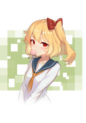 Rule 34 | 1girl, absurdres, alternate costume, blonde hair, blush, bow, breasts, blowing bubbles, censored, chewing gum, collarbone, commentary request, contemporary, cropped torso, flandre scarlet, green background, hair bow, highres, long sleeves, mosaic censoring, no headwear, no headwear, one side up, red bow, red eyes, sailor collar, school uniform, serafuku, shiliuyexiaohei, short hair, small breasts, solo, touhou, two-tone background, upper body, v arms, white background, yellow neckwear