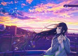 Rule 34 | 1girl, black hair, blue eyes, bubble, cigarette, cityscape, cloud, jacket, lighter, looking to the side, open clothes, open jacket, outdoors, para sitism, solo, standing, sunrise