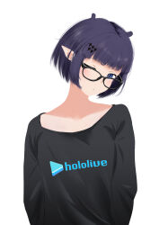 Rule 34 | 1girl, a-chan (1st costume) (hololive), a-chan (hololive), a-chan (hololive) (cosplay), alternate hair length, alternate hairstyle, animal ears, bespectacled, black-framed eyewear, black shirt, blue eyes, blunt bangs, blush, bob cut, breasts, closed mouth, clothes writing, cohi27151463, commentary, copyright name, cosplay, extra ears, glasses, hair ornament, head tilt, highres, hololive, hololive english, looking at viewer, mole, mole under eye, ninomae ina&#039;nis, one eye closed, pointy ears, purple hair, shirt, short hair, simple background, small breasts, solo, symbol-only commentary, t-shirt, upper body, virtual youtuber, white background