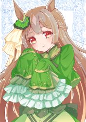 Rule 34 | 1girl, absurdres, animal ears, bow, braid, braided ponytail, brooch, brown hair, closed mouth, commentary, dress, ear ribbon, frilled sleeves, frills, green dress, half updo, high collar, highres, horse ears, horse girl, jewelry, light blush, long hair, long sleeves, looking at viewer, namatyoco, satono diamond (umamusume), sleeves past wrists, smile, solo, standing, twitter username, umamusume, very long hair