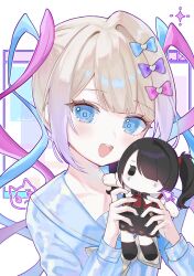Rule 34 | 1girl, black hair, blonde hair, blue bow, blue eyes, blue hair, blue nails, blush, bow, character doll, chouzetsusaikawa tenshi-chan, doll, hair bow, highres, holding, holding doll, long hair, long sleeves, looking at viewer, luna (luna610), multicolored hair, needy girl overdose, open mouth, pink hair, quad tails, sailor collar, school uniform, serafuku, shirt, smile, solo, twintails, upper body