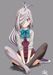 Rule 34 | 1girl, ahoge, asashimo (kancolle), asashimo kai ni (kancolle), asymmetrical legwear, black panties, black thighhighs, blazer, commentary, full body, grey background, grey eyes, grey thighhighs, hair over one eye, highres, indian style, jacket, kantai collection, long hair, looking at viewer, mismatched legwear, panties, ponytail, school uniform, silver hair, simple background, sitting, sleeves rolled up, solo, t2r, thighhighs, underwear