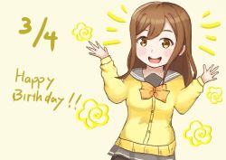 Rule 34 | 1girl, artist name, artist request, black pantyhose, blush, bow, bowtie, breasts, brown eyes, brown hair, buttons, cardigan, collarbone, dated, eyebrows, female focus, grey sailor collar, grey skirt, hair between eyes, kunikida hanamaru, layered skirt, light brown hair, long hair, long sleeves, looking at viewer, love live!, love live! sunshine!!, miniskirt, orange bow, outstretched arms, outstretched hand, pantyhose, parted lips, plaid, plaid skirt, pleated, pleated skirt, sailor collar, school uniform, skirt, sleeves past wrists, small breasts, smile, solo, sweater, uranohoshi school uniform, white background, yellow cardigan, yellow eyes, yellow sweater