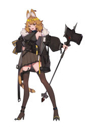 Rule 34 | 1girl, absurdres, animal ears, arknights, black jacket, blonde hair, earrings, fur trim, hand on hand, high heels, highres, holding, holding weapon, jacket, jewelry, medium hair, original, simple background, skirt, solo, standing, tail, weapon, white background, xtears kitsune