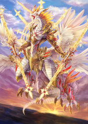 Rule 34 | absurdres, angel wings, armor, blue sky, cloud, day, double-blade, dragon, fantasy, highres, holding, holding weapon, horns, no humans, open mouth, original, outdoors, single horn, sky, weapon, wings, yashiron2011, yellow eyes