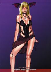 Rule 34 | 1girl, blonde hair, breasts, capcom, cleavage, dress, head wings, highres, jewelry, large breasts, morrigan aensland, necklace, ohshima ryo, ooshima ryou, solo, tattoo, vampire (game), wings, yellow eyes