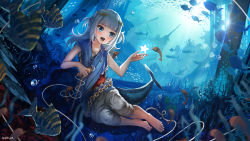 Rule 34 | 1girl, :d, absurdres, advarcher, bare arms, barefoot, blue eyes, blue hair, blue shirt, chain, commentary request, fins, fish, fish tail, gawr gura, grey shorts, hair ornament, hand up, highres, hololive, hololive english, jellyfish, octopus, open mouth, scenery, school of fish, shark, shark girl, shark hair ornament, shark tail, sharp teeth, shipwreck, shirt, shorts, smile, tail, teeth, underwater, virtual youtuber, white hair