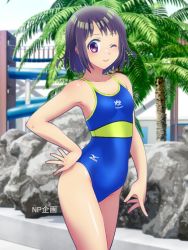 Rule 34 | 1girl, black hair, breasts, competition swimsuit, hand on own hip, looking at viewer, mizuno (brand), one-piece swimsuit, one eye closed, small breasts, smile, swimsuit, wink