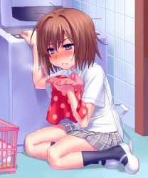 Rule 34 | 1girl, arizuki ui, black legwear, blue eyes, blush, brown hair, smelling clothes, indoors, kud wafter, little busters!, short hair, shorts, skirt, smelling, solo, zen