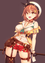 Rule 34 | 1girl, :d, atelier (series), atelier ryza, atelier ryza 2, belt, black gloves, blush, braid, breasts, brown background, brown eyes, brown hair, choker, cleavage, fang, gloves, hair ornament, hairclip, hat, highres, jewelry, key, large breasts, looking at viewer, navel, necklace, open mouth, red shorts, reisalin stout, ricegnat, short hair, short shorts, shorts, simple background, single braid, single thighhigh, skindentation, smile, solo, thigh strap, thighhighs, thighs, white hat