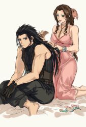 Rule 34 | 1boy, 1girl, aerith gainsborough, bare shoulders, barefoot, bed sheet, black gloves, black hair, black pants, blue eyes, bracelet, braid, braided ponytail, breasts, brown hair, brushing another&#039;s hair, brushing hair, choker, comb, couple, crisis core final fantasy vii, cross scar, dress, facial scar, feet out of frame, final fantasy, final fantasy vii, final fantasy vii remake, gloves, green eyes, hair ornament, hair ribbon, hairclip, highres, holding, holding comb, indian style, jewelry, kneeling, long hair, medium breasts, open mouth, pants, parted bangs, parted lips, pink dress, pink ribbon, ribbon, rulerslowly, scar, scar on cheek, scar on face, sidelocks, simple background, sitting, sleeveless, sleeveless dress, sleeveless turtleneck, spiked hair, sweater, turtleneck, turtleneck sweater, zack fair