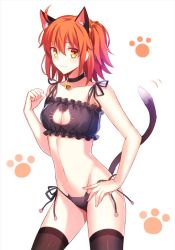 Rule 34 | 1girl, :3, alternate costume, animal ears, animal print, bad id, bad twitter id, bell, black thighhighs, cat cutout, cat ear panties, cat ears, cat lingerie, cat tail, cleavage cutout, clothing cutout, collar, contrapposto, fate/grand order, fate (series), fujimaru ritsuka (female), fuyuki (neigedhiver), hand on own hip, jingle bell, meme attire, midriff, navel, neck bell, orange hair, panties, paw print, print panties, side-tie panties, side ponytail, solo, standing, tail, thighhighs, underwear