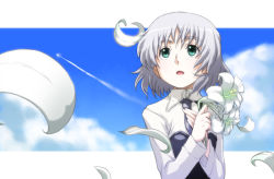 Rule 34 | 1girl, cloud, day, flower, green eyes, lily (flower), military, military uniform, necktie, open mouth, petals, sanya v. litvyak, short hair, silver hair, sky, solo, strike witches, tabigarasu, uniform, world witches series