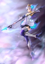 Rule 34 | 1girl, armor, bad id, bad pixiv id, detached sleeves, dress, greaves, gwendolyn (odin sphere), highres, holding, leg up, low wings, masami chie, odin sphere, polearm, pteruges, purple eyes, purple hair, short hair, solo, sparkle, spear, strapless, strapless dress, tiara, weapon, wings