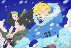 Rule 34 | 2boys, blonde hair, blush, breath, cigarette, coat, cold, curly eyebrows, facial hair, green hair, hair over one eye, holding, male focus, mob0322, multiple boys, one piece, open mouth, pants, roronoa zoro, sanji (one piece), scar, short hair, smoking, snow, snowing, winter, winter clothes, winter coat