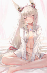 Rule 34 | 1girl, ahoge, animal ear fluff, animal ears, backlighting, barefoot, bed sheet, between legs, blush, breasts, cat ears, chest jewel, collarbone, collared shirt, dress shirt, eyes visible through hair, facial mark, female focus, full body, gluteal fold, groin, hair between eyes, hair censor, half-closed eyes, hand between legs, head tilt, indian style, indoors, inoue takuya (tactactak), linea alba, long hair, long sleeves, looking at viewer, low-tied long hair, low twintails, messy hair, naked shirt, navel, nia (blade) (xenoblade), nia (xenoblade), on bed, open clothes, open shirt, shiny skin, shirt, sidelocks, silver hair, sitting, small breasts, solo, spoilers, triangle mouth, twintails, very long hair, white shirt, xenoblade chronicles (series), xenoblade chronicles 2, yellow eyes