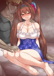 Rule 34 | 1boy, 1girl, animal ears, bare shoulders, barefoot, blue skirt, breasts, brown eyes, brown hair, cleavage, collarbone, commentary request, daiwa scarlet (umamusume), dark-skinned male, dark skin, embarrassed, feet, full body, hair intakes, hand on another&#039;s thigh, high-waist skirt, highres, horse ears, horse girl, large breasts, legs, long hair, looking to the side, mutsuki shougatsu, netorare, off-shoulder shirt, off shoulder, on bed, sexual harassment, shirt, sitting, skirt, steam, tiara, toenails, toes, twintails, umamusume, very long hair