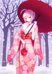 Rule 34 | 1girl, absurdres, ahoge, alternate costume, artoria pendragon (all), artoria pendragon (fate), bare tree, blonde hair, fate/stay night, fate (series), green eyes, highres, parasol, saber (fate), snow, snowing, solo, tree, umbrella, winter, yibou ling