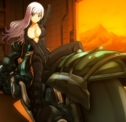 Rule 34 | 1girl, arm behind head, arm up, blue eyes, bodysuit, breasts, center opening, cleavage, fairy tail, female focus, highres, large breasts, legs, long hair, mirajane strauss, motor vehicle, motorcycle, screencap, smile, solo, stitched, thighs, third-party edit, twilight, vehicle, white hair