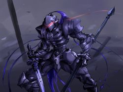 Rule 34 | 1boy, armor, armored dress, arondight (fate), berserker (fate/zero), black armor, black background, breastplate, commentary request, depo (typebaby505), fate/zero, fate (series), full armor, gauntlets, glowing, glowing eye, greaves, helmet, holding, holding sword, holding weapon, knight, male focus, pauldrons, shoulder armor, signature, solo, sword, weapon