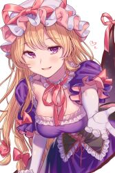 Rule 34 | 1girl, black corset, blonde hair, breasts, choker, cleavage, corset, dress, elbow gloves, frilled dress, frills, gap (touhou), gloves, hat, hat ribbon, heart, highres, large breasts, light blush, long hair, masanaga (tsukasa), mob cap, outstretched hand, puffy short sleeves, puffy sleeves, purple dress, purple eyes, red ribbon, ribbon, ribbon choker, short sleeves, simple background, smile, solo, touhou, very long hair, white background, white gloves, white hat, yakumo yukari